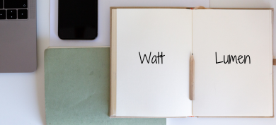 Open notebook with Watt and Lumen words on each page