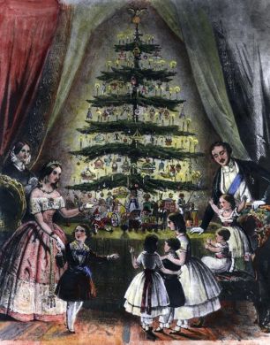 Ilustração da Rainha Vitória e árvore de Natal