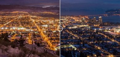 Image avant et après de la ville et de la pollution lumineuse