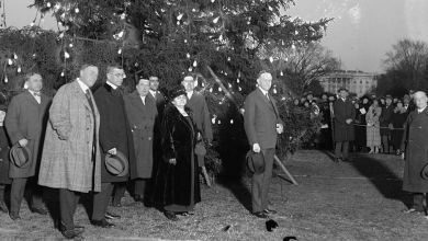 Presidente Calvin Coolidge e árvore de natal iluminada